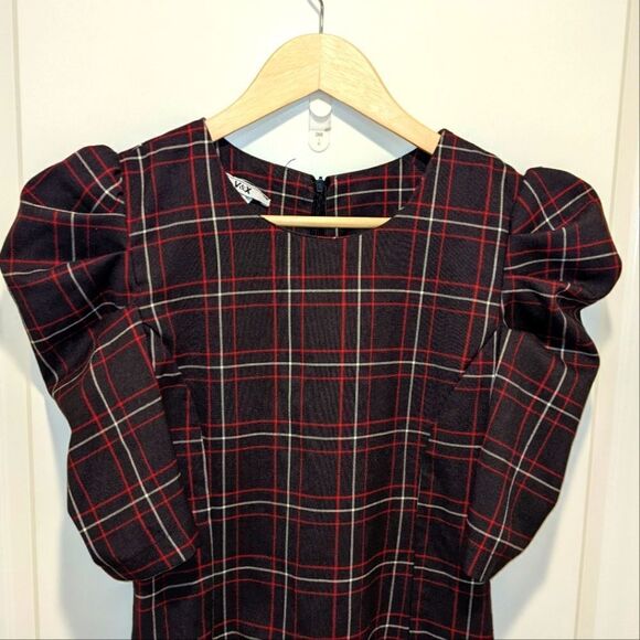 5$ Item! V&X Plaid Mutton Chop Sleeve Drop Waist Ruffle Bottom Dress - Picture 8 of 8